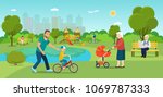 Grandmother is walking with a stroller. Grandfather sitting on the bench Young man is riding a bicycle  and father teaches son to ride a bicycle in the park. Vector flat illustration