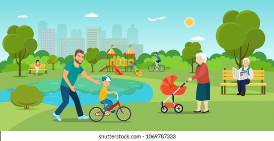 Grandmother is walking with a stroller. Grandfather sitting on the bench Young man is riding a bicycle  and father teaches son to ride a bicycle in the park. Vector flat illustration