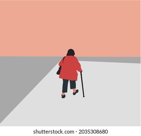 Grandmother walking with a walker on street. Senior woman active life with medical support. Active life. Vector illustration in a flat style.