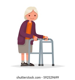 Grandmother walking with a walker. Vector illustration in a flat style