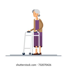 Grandmother walking with a walker. Vector illustration in a flat style