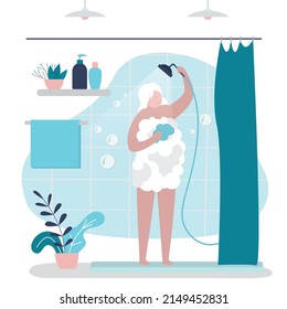 Grandmother Washes In Shower. Bathroom Interior. Everyday Hygiene Procedure. Elderly Woman Pours Water On Herself From Shower. Naked Old Lady Foaming Soap Or Gel. Body Care. Flat Vector Illustration