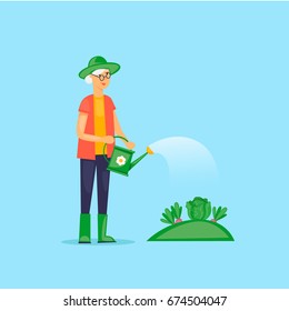 Grandmother watered the garden, retired, gardener. Flat design vector illustration.