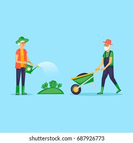 Grandmother watered the garden, retired, gardener. Grandfather with a wheelbarrow. Flat design vector illustration.