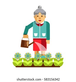 Grandmother watering flowers in the garden isolated on white. Aged woman with waterpot take care about plants in the yard. Vector illustration in cartoon design. Old lady on pension work in garden