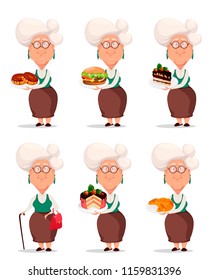 Grandmother wearing eyeglasses. Silver haired grandma, set of nine poses. Cartoon character. Vector illustration on white background