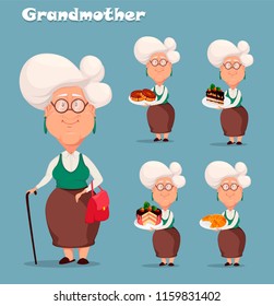 Grandmother wearing eyeglasses. Silver haired grandma, set of five poses. Cartoon character. Vector illustration on white background