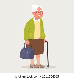 Grandmother wearing glasses. An elderly woman with a bag and a cane in her hands. Vector illustration in cartoon style