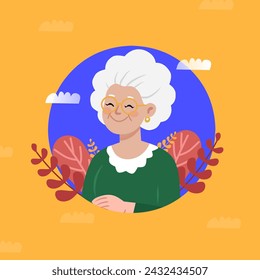 Abuela con gafas, con el pelo gris corto. Ilustración vectorial.