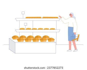 Grandmother wearing glasses and wearing a skirt is choosing various breads, buying at the bakery. Character design. Vector flat illustration
