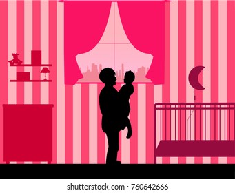 A grandmother wearing a granddaughter sleeping in her cot silhouette, one in the series of similar images