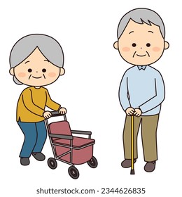 Grandmother with a Wheelbarrow and Grandfather with a Cane