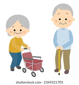 Grandmother with a Wheelbarrow and Grandfather with a Cane