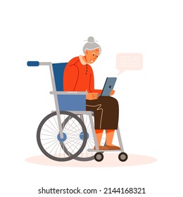 A grandmother in a wheelchair communicates through a laptop with relatives or friends. Elderly people and gadgets. Vector illustration.