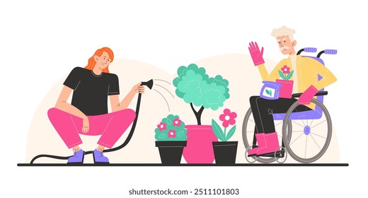 A grandmother in a wheelchair are gardening with her grandson