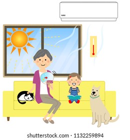 A grandmother who is cooling in the room and a grandchild
