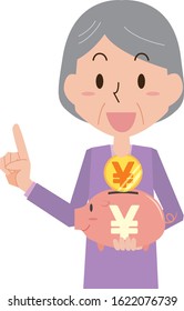 A grandmother who saves Japanese yen with a piggy bank