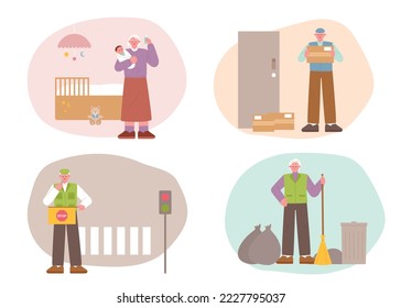 A grandmother who takes care of a baby, a grandfather who delivers parcels, a grandfather who organizes traffic, and a grandfather who cleans the streets.