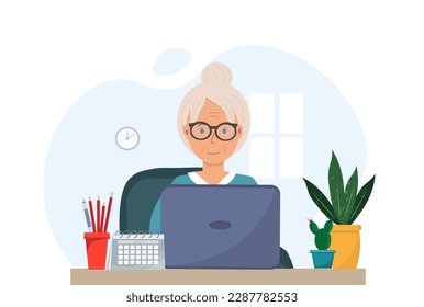 Grandmother working online with laptop, communicating online, communication of elderly person concept, using modern technologies by elderly people, retired woman chatting with man