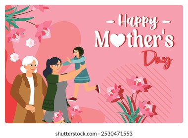 Grandmother, young mother, and daughter playing together. Celebrate Mother's Day happily. Mother's Day concept. Flat vector illustration.