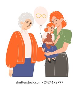 A grandmother and a young mother holding a daughter in her arms and a balloon with a golden infinity symbol for Autism Awareness Day