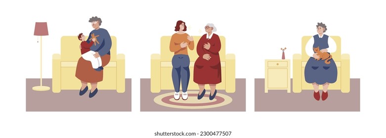 Grandmothers babysit grandson, talk to daughter and pet cat at home. Concept of life for older people. Flat style cartoon illustrations set on white background