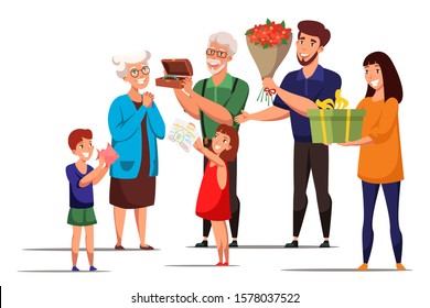 Grandmothers birthday flat vector illustration. Family members congratulating grandma. Wishing joy, gift giving. Children, parents and grandparents cartoon characters. B-day celebration