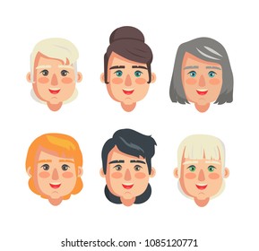 Grandmothers face types constructor set elderly ladies different hairstyles and expression, brunette and blonde women, isolated on vector illustration