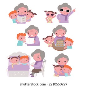 Grandmothers and Grandchildren in many everyday activities, such as baking cookies together, listen storytelling, hug and dance.