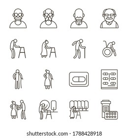 Grandmothers and grandfathers line style icon set design, Old woman man female male person mother father and grandparents theme Vector illustration