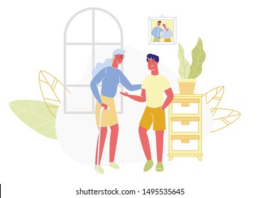 Grandmothers and Smiling Young Grandson at Apartment. Vector Illustration. Boy with Old Woman. Care Intimate Person. Talk with Relatives on Background Window. Spends Time Together. Home Interior.