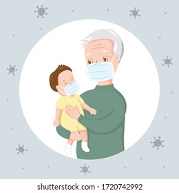 Grandpa With Baby Grandchild Wearing Medical Masks Because Of The Corona Virus.2019-nCoV.