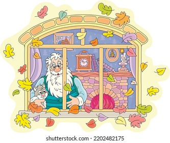 Grandpa with a big white bread and a cute kitten looking out of a window surrounded by colorful falling leaves in their old village house on a beautiful autumn day, vector cartoon