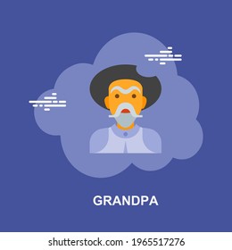 Grandpa with black hat and long moustache on blue background flat concept design