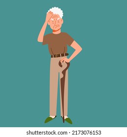 Grandpa with a cane thinks, tries to remember. An elderly character with Alzheimers disease.