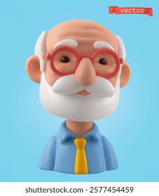 Grandpa cartoon character face, 3d avatar icon