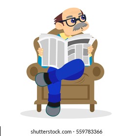 Grandpa in chair reading newspaper. Vector illustration isolated on white background.