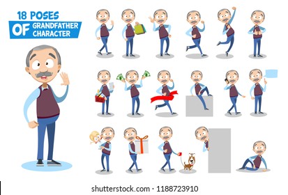 Grandpa character big animated set. Elderly man talking on mobile phone and shopping with basket. Holding grandchild and walking with dog. Grandfather various poses and gestures vector illustration