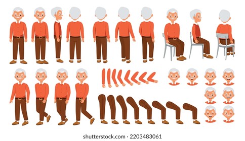 constructor de caracteres Grandpa para animación. Elegante anciano jubilado con camisa roja y gafas. Conjunto de elementos de brazos, piernas, emociones. Colección vectorial plana de dibujos animados aislada en fondo blanco