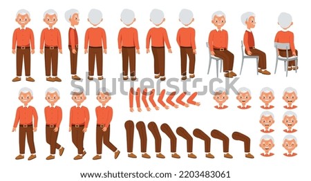Grandpa character constructor for animation. Stylish retired elderly man in red shirt and glasses. Set of elements of arms, legs, emotions. Cartoon flat vector collection isolated on white background