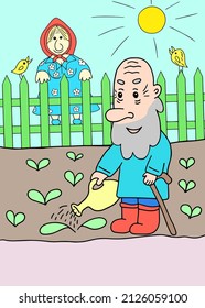 Grandpa character is watering the plants in the garden. Grandmother character is smiling. Vector illustration in cartoon style on a blue background.