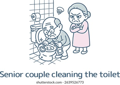 Grandpa cleaning the toilet and grandma watching over it