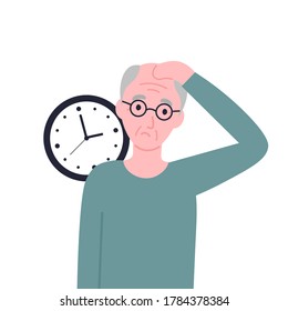Grandpa confusion with time or location. Sclerosis or alzheimer's symptom. Flat vector cartoon illustration.