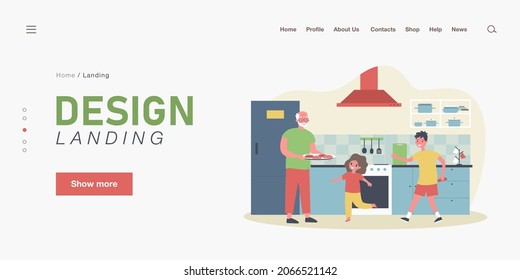 Grandpa cooking with his grandchildren in kitchen. Flat vector illustration. Elderly man holding tray of cookies, girl and boy helping. Family, home, food, vacation, memories, grandparent concept