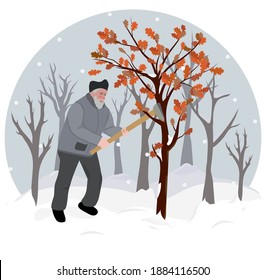 Grandpa cutting badnjak Orthodox christmas tradition
Flat design vector illustration eps 10