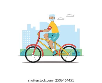 Grandpa cycling with a view of the building of the city, nature eco transport. Character design. Vector flat illustration