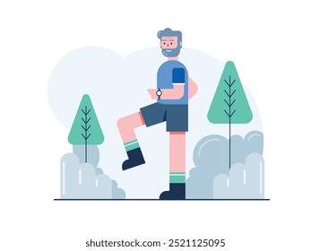 Grandpa is exercising outdoors, for health in old age. Character design. Vector flat illustration