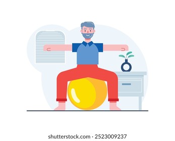 Grandpa is exercising yoga ball at home, practicing body balance in old age. Character design. Vector flat illustration