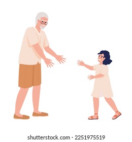 Grandpa extending hands to female child semi flat color vector characters. Editable figures. Full body people on white. Simple cartoon style illustration for web graphic design and animation