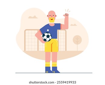 Grandpa is in the field holding a ball, playing soccer to keep his health in shape. Character design. Vector flat illustration